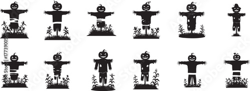 Halloween scarecrow and jack-o'-lantern silhouettes set Vector