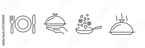 Dinner plate, serving hand platter, cooking pan, hot dish steam icon set, restaurant kitchen vector illustration, minimal food service culinary.