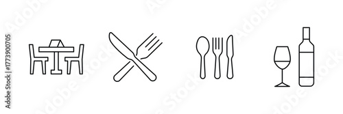 Restaurant table, fork knife set, cutlery utensils, wine bottle glass icon set, dining vector illustration, minimal food beverage service art.
