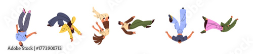 People are falling down set. Black men and women are jumping and flying in sky. Free girls, boys are soaring in air. Concepts of freedom, inspiration, aspiration. Flat isolated vector illustrations