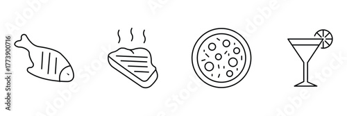 Grilled fish, hot steak, pizza, cocktail martini icon set, restaurant food vector illustration, minimal outline culinary drink gourmet.