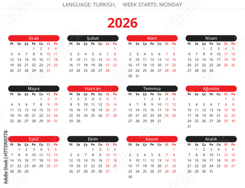 2026 year turkish calendar with black and red colors. Vector illustration Turkey - turk takvimi