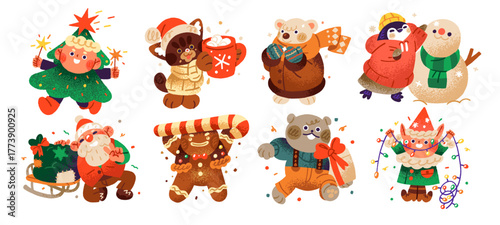 Set of New Year characters. Happy Santa Claus with Xmas gifts, elf with garland, cute Christmas animals with sparklers, candy, snowman on winter holiday. Flat isolated vector illustrations on white