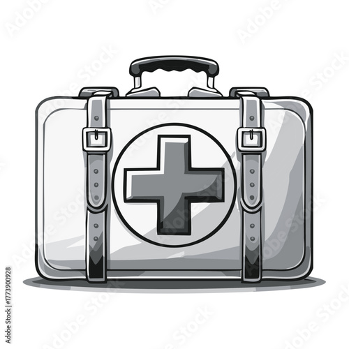 Black and white illustration of a classic first aid kit with a medical cross