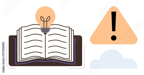 Open book with light bulb indicating ideas, warning icon signaling caution, and cloud symbolizing storage or thinking process. Ideal for education, creativity, learning, innovation, alertness