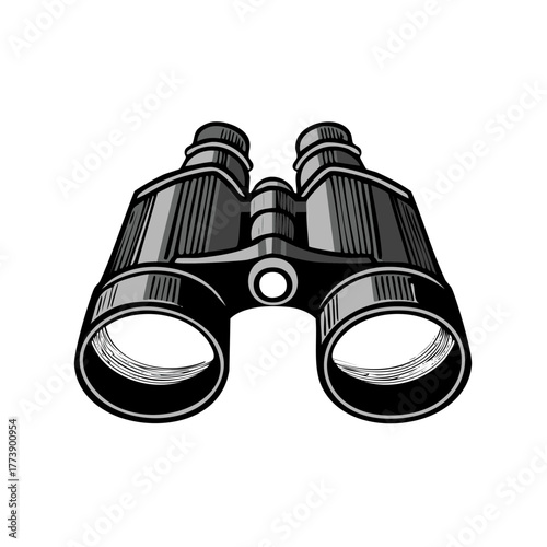 Vintage style black and white illustration of binoculars for exploration and adventure
