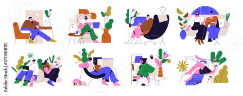 People with computers set. Remote employees work on laptop at home. Freelance workers do businesses with PC. Characters watch videos and movies by tablet. Flat isolated vector illustrations on white