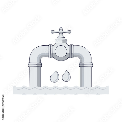 Dripping water faucet illustration with pipes partially submerged in a liquid environment