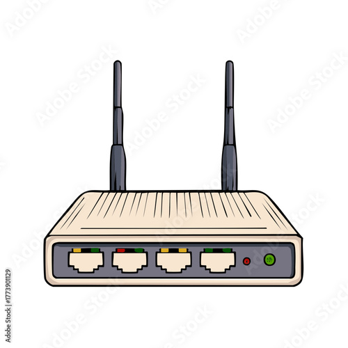 Cartoon illustration of a wireless internet router with two antennas and network ports