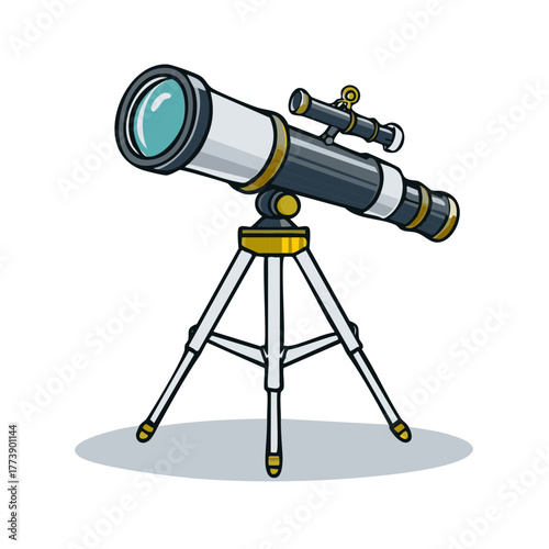 A detailed cartoon drawing of a refractor telescope mounted on a tripod for astronomical observation