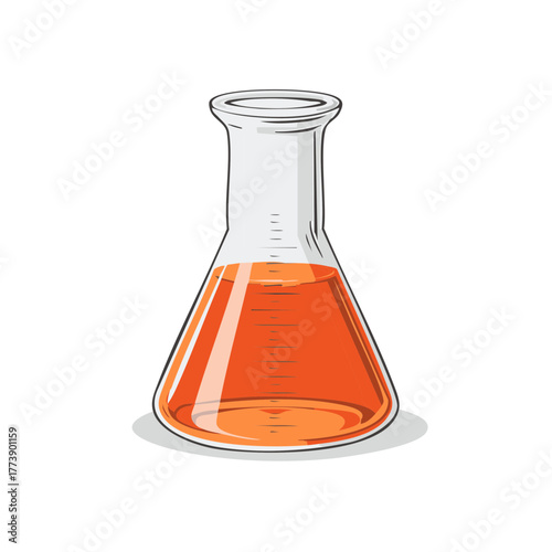 Science laboratory conical flask with vibrant orange fluid