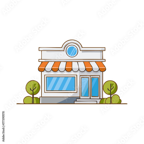 Simple cartoon storefront illustration with striped awning and bushes