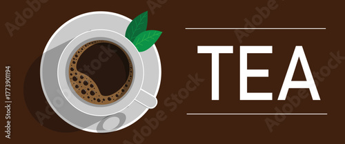 Vector flat design illustration showing a hot beverage, potentially tea, in a white ceramic cup and matching saucer viewed directly from above, featuring decorative green leaves and prominent stylized