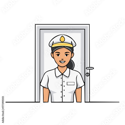 Female ship captain or sailor in a white uniform and hat smiling in a doorway. Cartoon illustration.