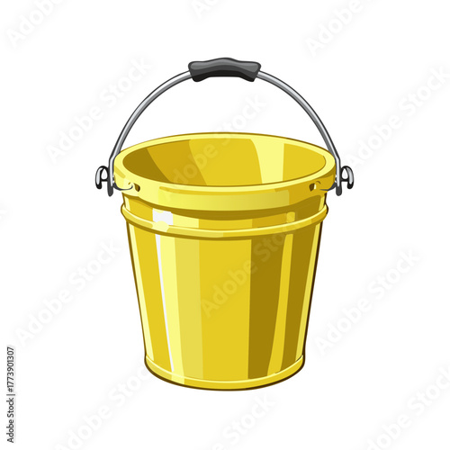 Shiny yellow metal pail with a curved handle and a black grip for carrying liquids or solids