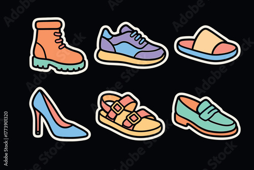 Colorful cartoon style collection of various footwear types on black background