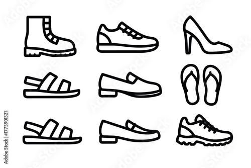 Diverse footwear icons sneakers, sandals, heels, and more in linear style