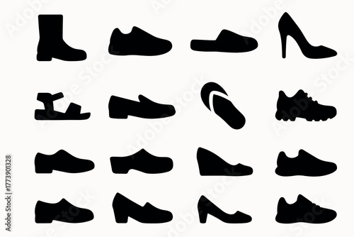 Variety of shoe silhouettes featuring boots, sneakers, sandals, and heels