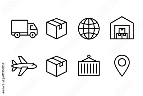 Logistics and shipping icons simple line designs for global delivery