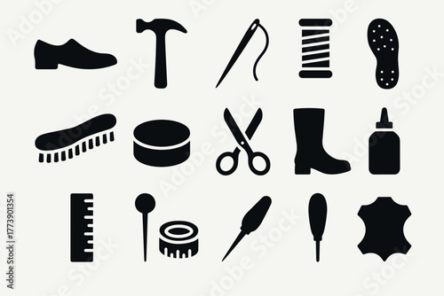 Shoe repair tools collection essential silhouette icons for crafting and maintenance