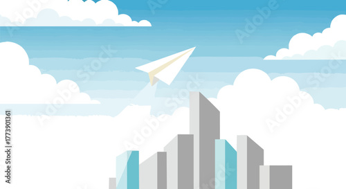 A paper airplane soars above a stylized cityscape and fluffy clouds against a bright blue sky, representing concepts of freedom and travel in a modern, illustrative style.