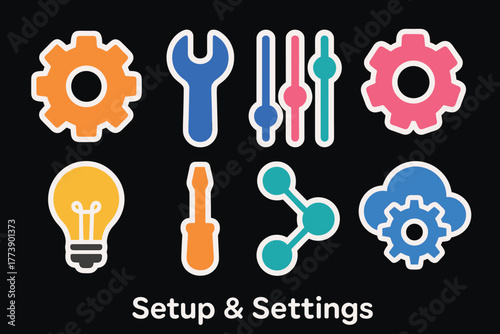 Colorful gear and tool icons for setup and settings on dark background