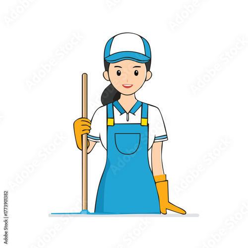 Cartoon character of a smiling cleaning lady in uniform holding a mop for janitorial services