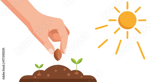An illustrated depiction shows a hand carefully planting a seed into the soil, with the sun shining brightly, symbolizing growth and the beginning of new life.