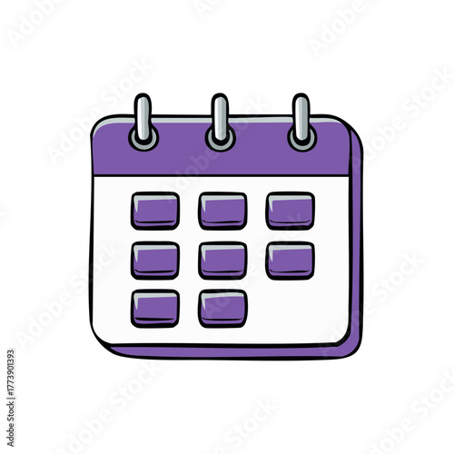 Cartoon desk calendar with purple pages and spiral binding symbol icon
