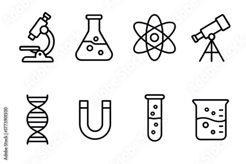 Science icons set microscope, laboratory, atom, telescope, dna, magnet, flask, beaker