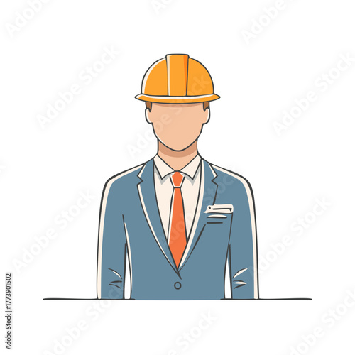 Male professional wearing hard hat, suit, and tie, illustration