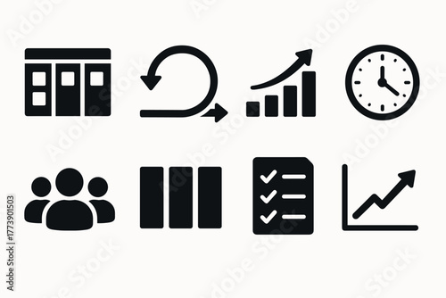 Business and productivity icons with modern minimalist design in black silhouette style