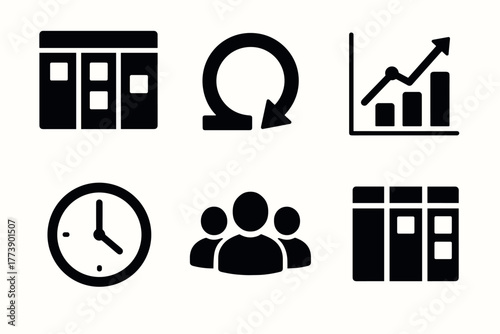 Agile methodology icons kanban, scrum, growth chart, clock, teamwork in silhouette style