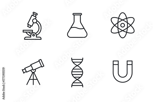 Scientific icons microscope, atom, dna, magnet, flask, telescope in linear design