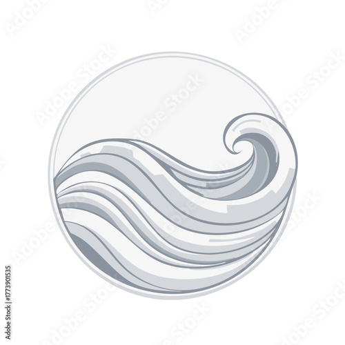 Stylized gray ocean wave illustration in a clean circular frame representing water movement and fluid power