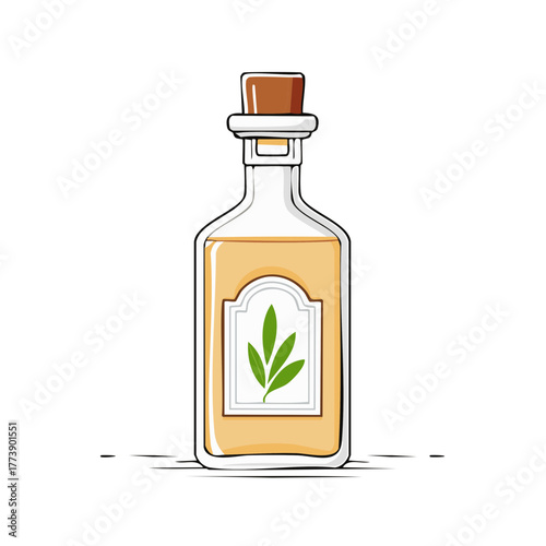 Herbal tincture bottle with cork stopper and leaf label, natural remedy cartoon illustration