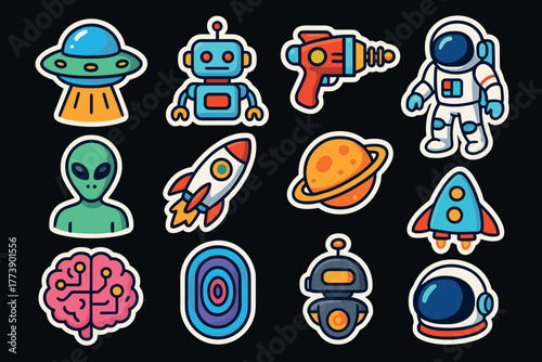 Colorful space adventure stickers featuring robots, aliens, and rockets