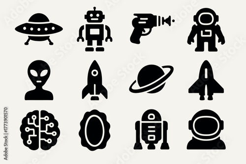 Futuristic icons set robots, ufo, spacecraft, and alien silhouettes in bold style
