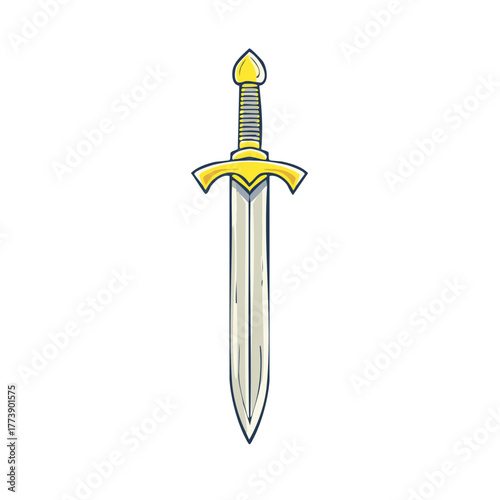 Illustration of an upright sharp sword with golden handle and a pointy end blade, suitable for a valiant knight character