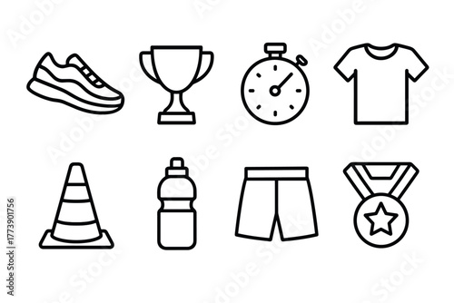 Minimalist fitness icons shoes, trophy, stopwatch, shirt, cone, bottle, shorts, medal