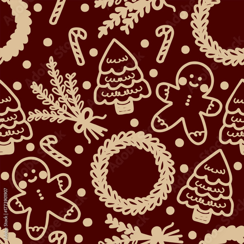 Christmas seamless pattern in hand drawn doodle style for holiday wrapping paper, fabric, and background design.