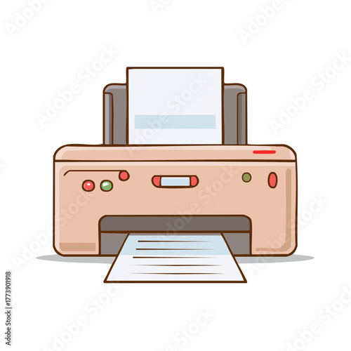 Cute cartoon printer machine printing a paper document. Office equipment and technology vector illustration.