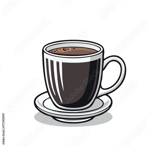 Stylized coffee cup and saucer illustration with a cartoon design.