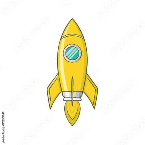 Cartoon yellow rocket flying up with green window and yellow flames, vector illustration for Adobe Stock