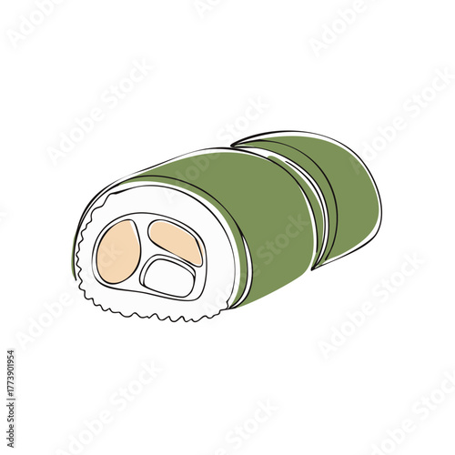 One Line Art Japanese Sushi Roll with Green Seaweed and Filling Ingredients Minimalist Style