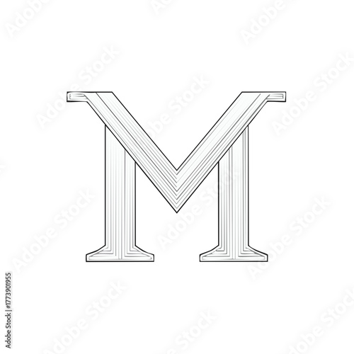 Elegant letter M initial with classic serif font and chiseled 3D line art
