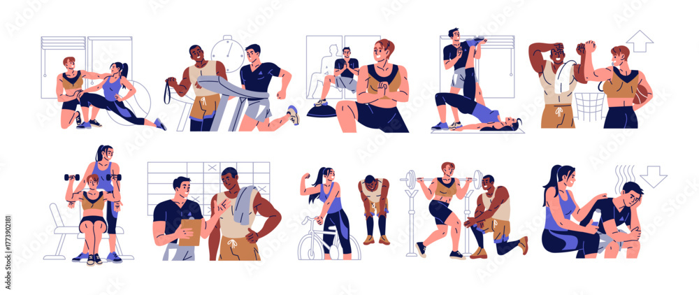 Fototapeta premium Set of personal trainer. People are training with coach in fitness gym. Instructors help, assist athletes. Couples do cardio and strength workout together. Flat isolated vector illustrations on white