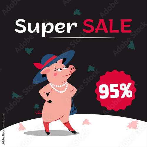 Banner funny discount banner with pig fashionista discount text