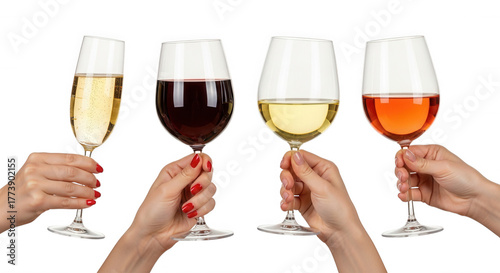 Four hands holding wine glasses isolated on a transparent background
