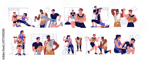 Set of personal trainer. People are training with coach in fitness gym. Instructors help, assist athletes. Couples do cardio and strength workout together. Flat isolated vector illustrations on white